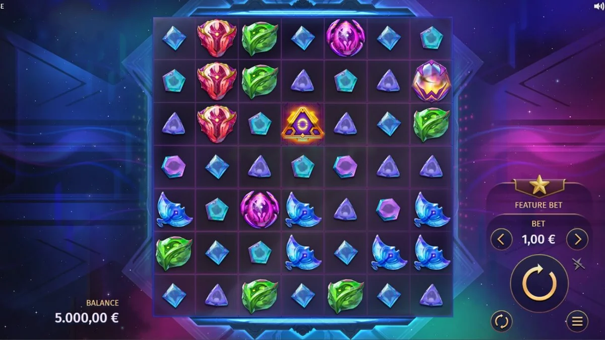 Tampilan visual slot Phantom Pulse dengan tema kosmik dan grid 7x7